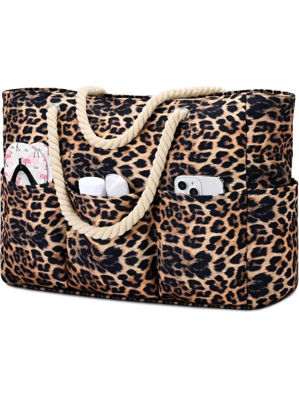 Women's Leopard Large Canva Beach Tote Waterproof Sandproof Foldable Bag